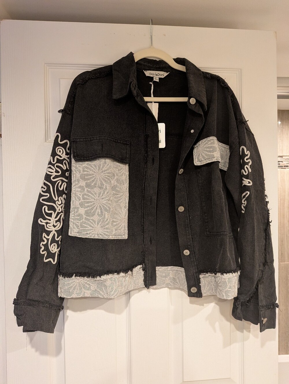 New Davi And Dani Black Embroidered Patchwork Denim Jacket